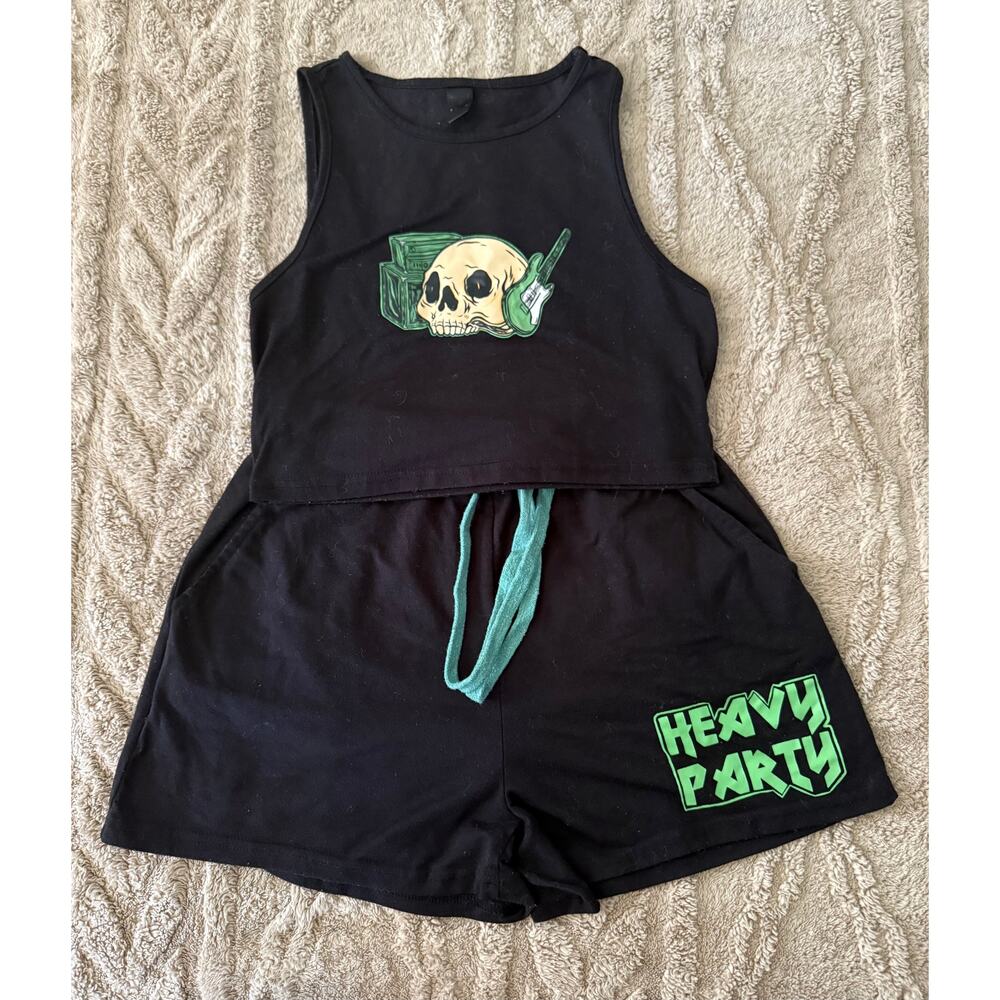 Heavy Party Skull Graphic Tank & Shorts Set Black Small Y2K